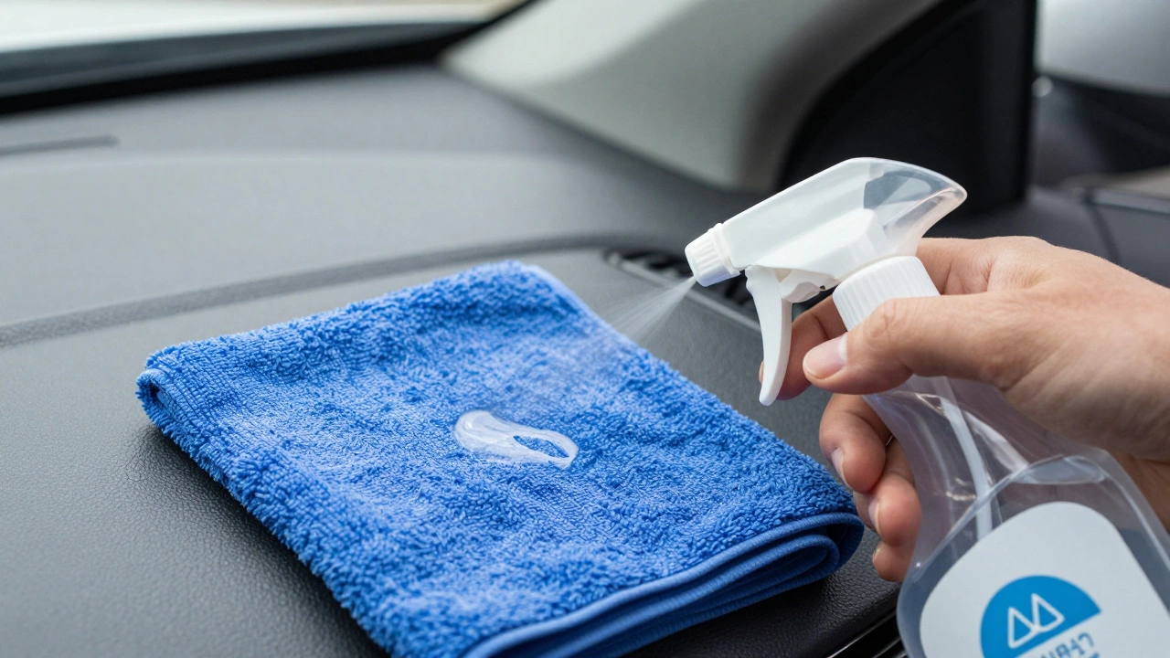 Spraying cleaner onto a microfiber towel for safe dashboard cleaning