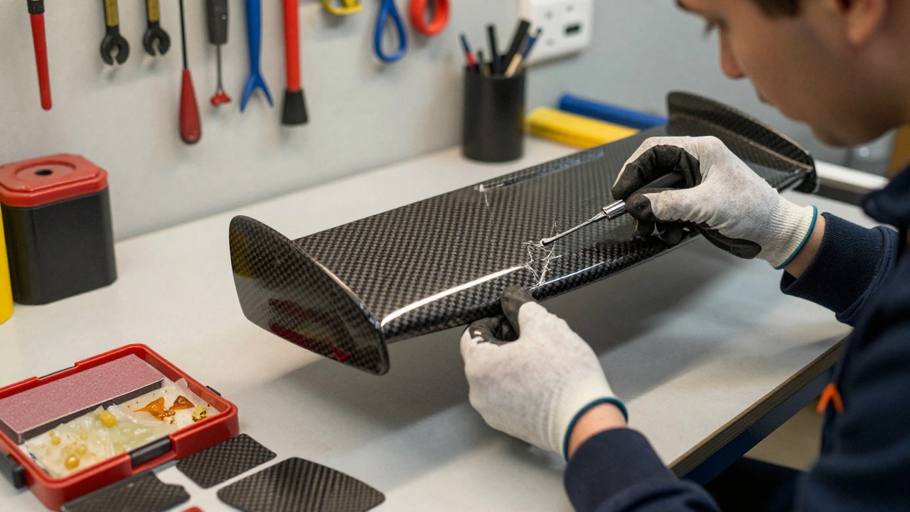 Technician inspecting and repairing a cracked carbon spoiler