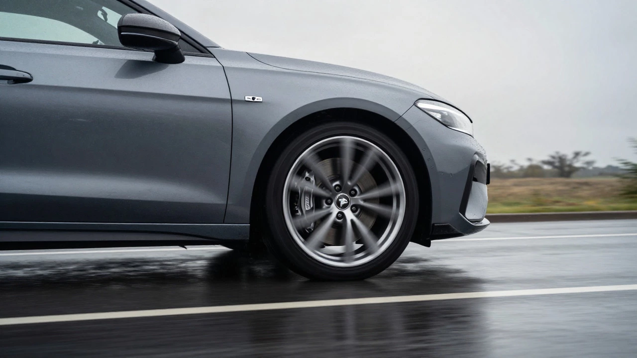 Alloy wheel spinning on a wet road, highlighting heat dissipation and grip
