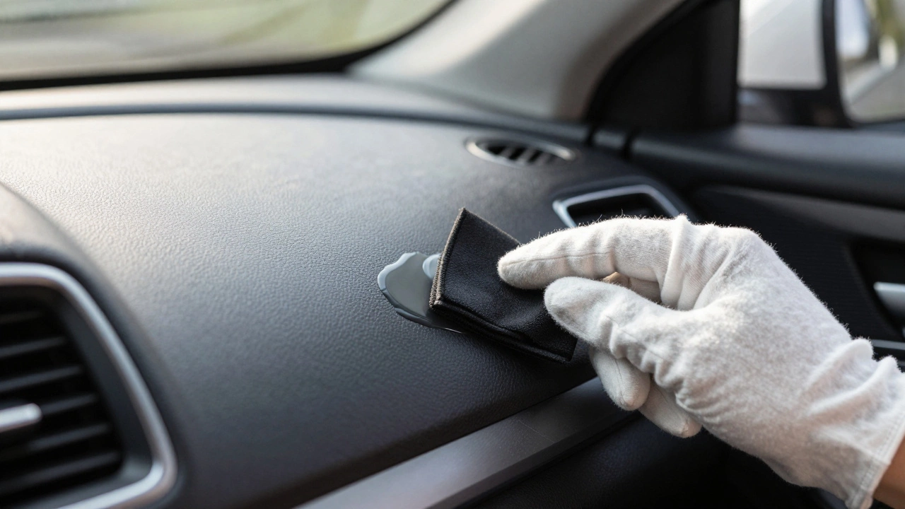 Close-up of hand applying interior dressing to a car dashboard with a pad