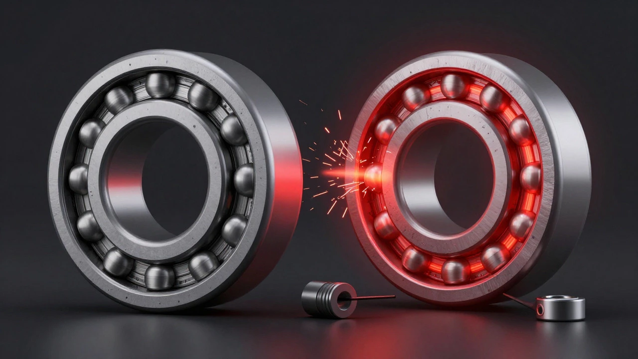 Conceptual art showing healthy vs overheating wheel bearing due to spacers