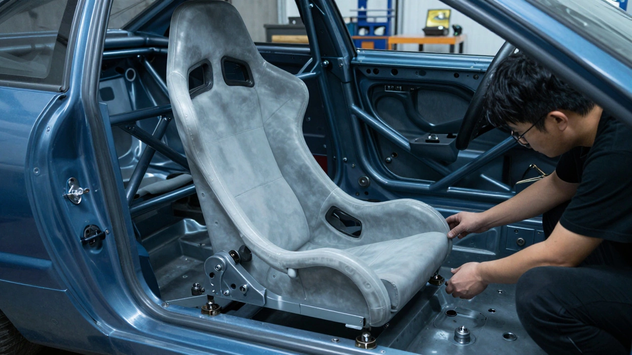 Custom fiberglass racing seat shell mounted on sliders in a garage workshop