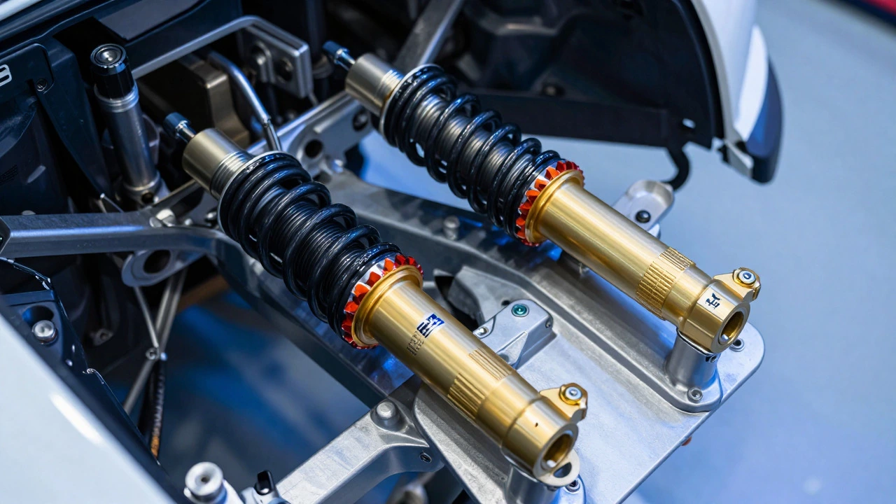 Detailed view of gold adjustable coilover suspension components