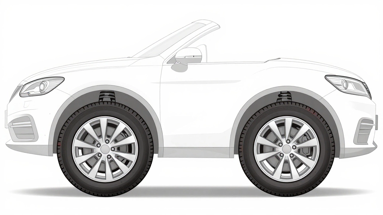 Diagram showing negative camber and uneven tire wear on lowered cars