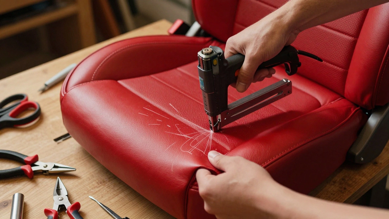 Hands stapling new red leather cover onto a car seat cushion during reupholstery