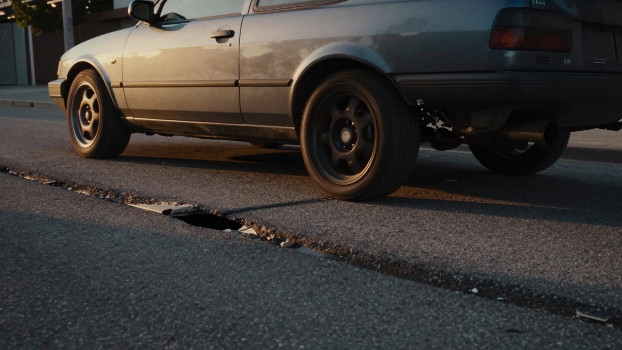 Low-clearance car hitting a pothole on a rough city street