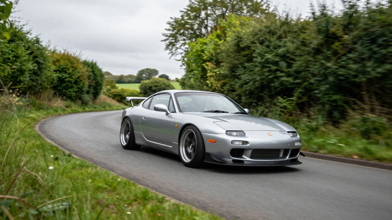 Lowered sports car cornering on a winding UK country road