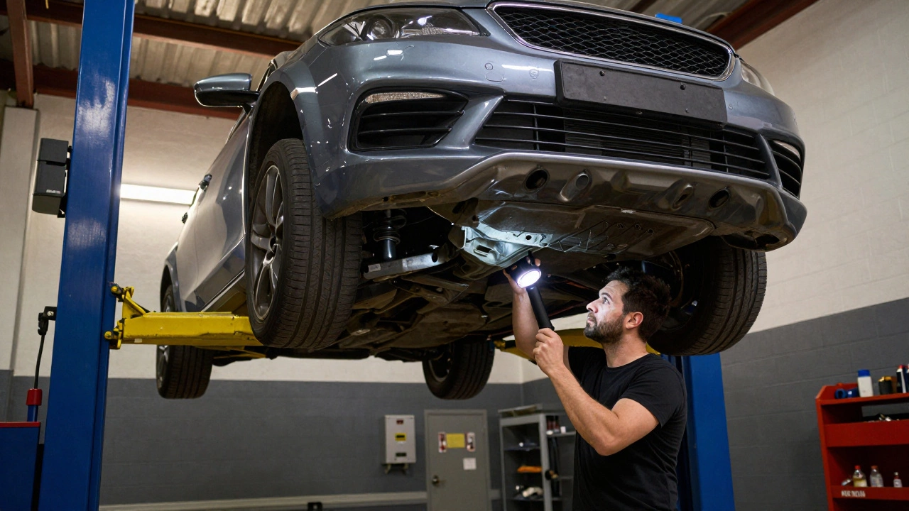 Mechanic inspecting suspension bushings on a lowered car in a garage