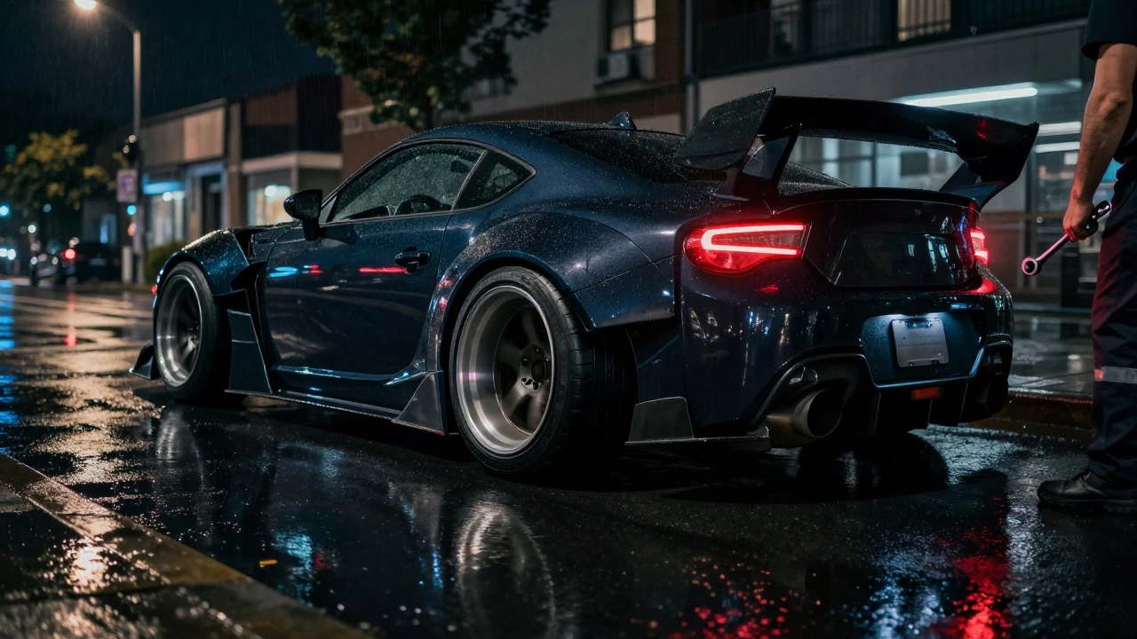 Modified car with wide stance and protruding wheels on wet street at night