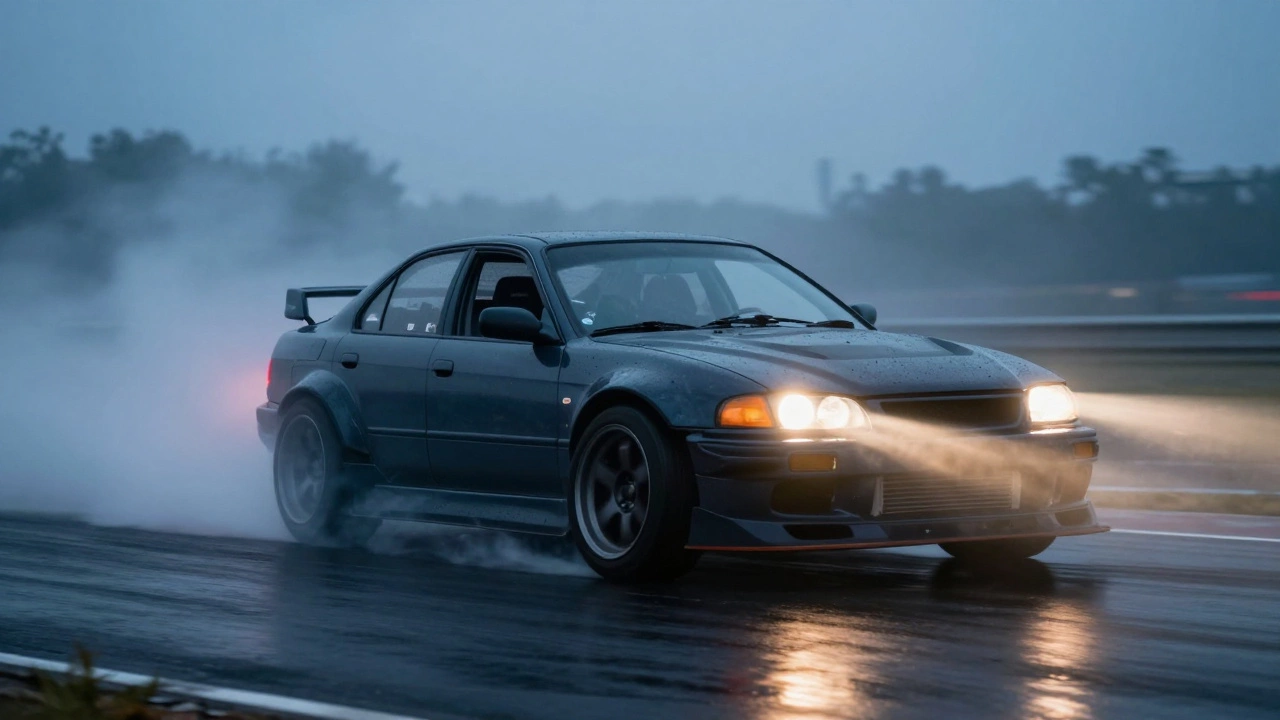 Modified car with widebody kit drifting on a wet track, kicking up water spray.