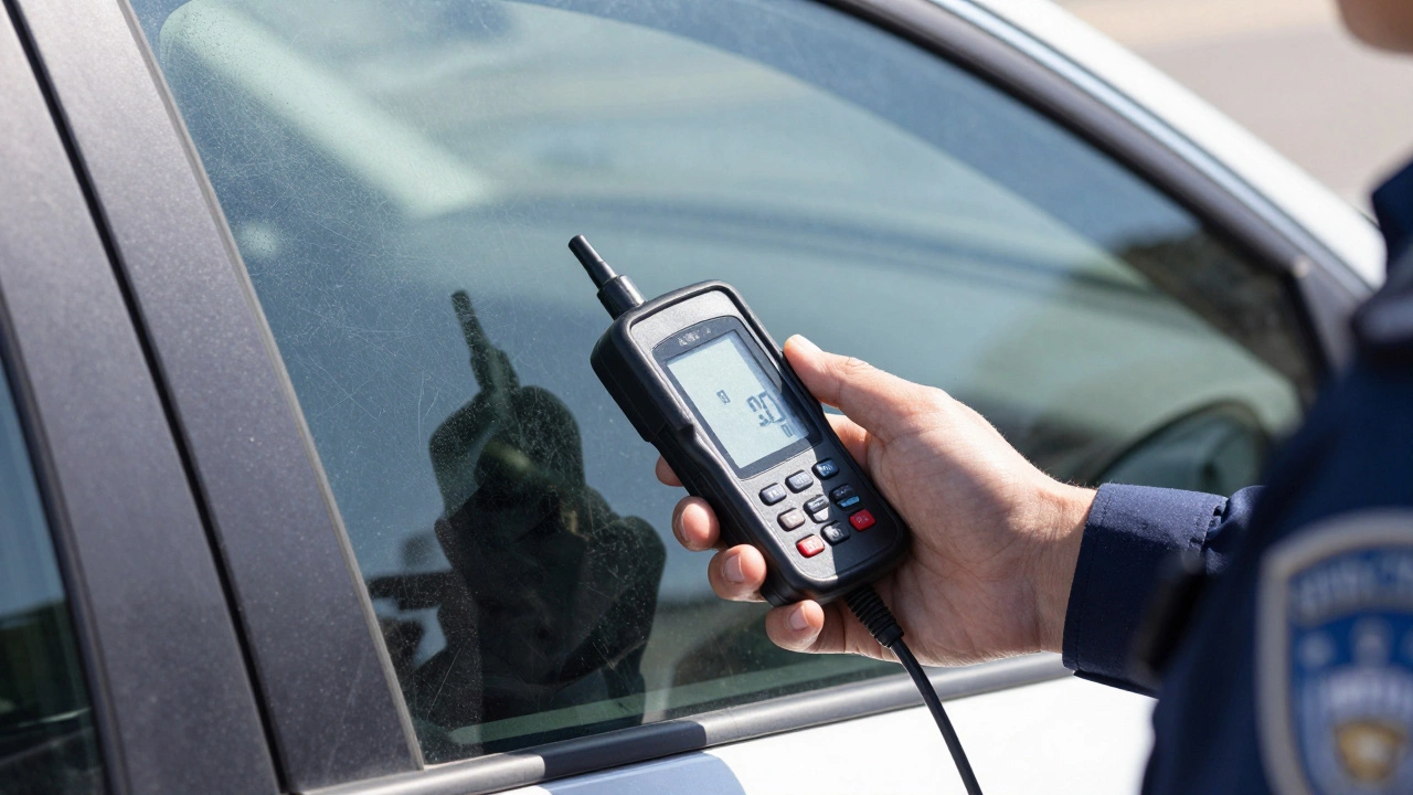 Officer using a handheld device to measure window tint darkness on a car.