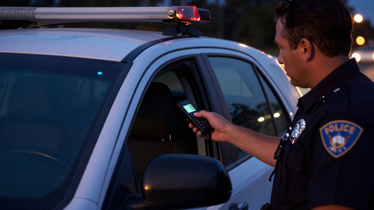 Police officer measuring car window tint with a meter