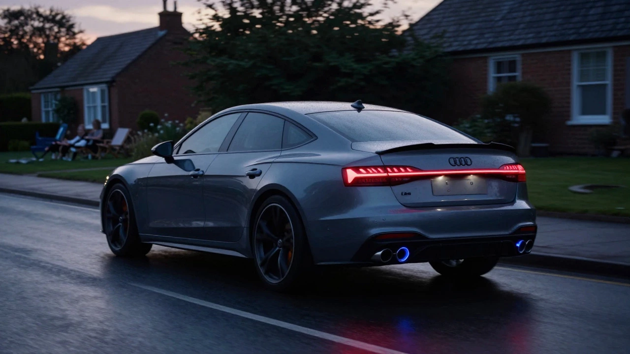 Refined performance car with active exhaust driving calmly past neighbors