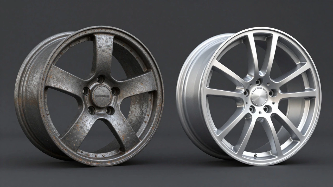 Side-by-side comparison of a rusty steel wheel and a shiny alloy wheel