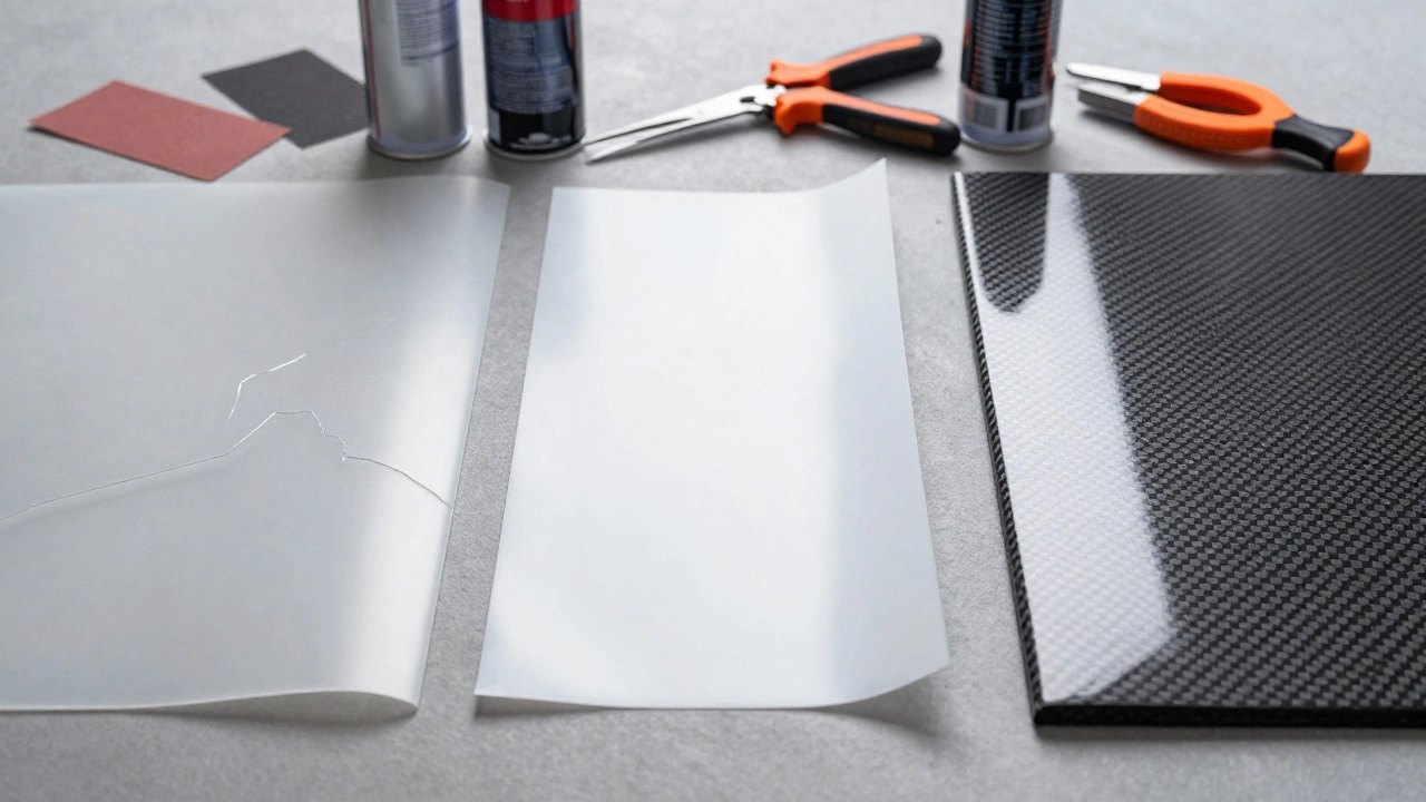 Workshop display comparing fiberglass, polyurethane, and carbon fiber body panel materials.