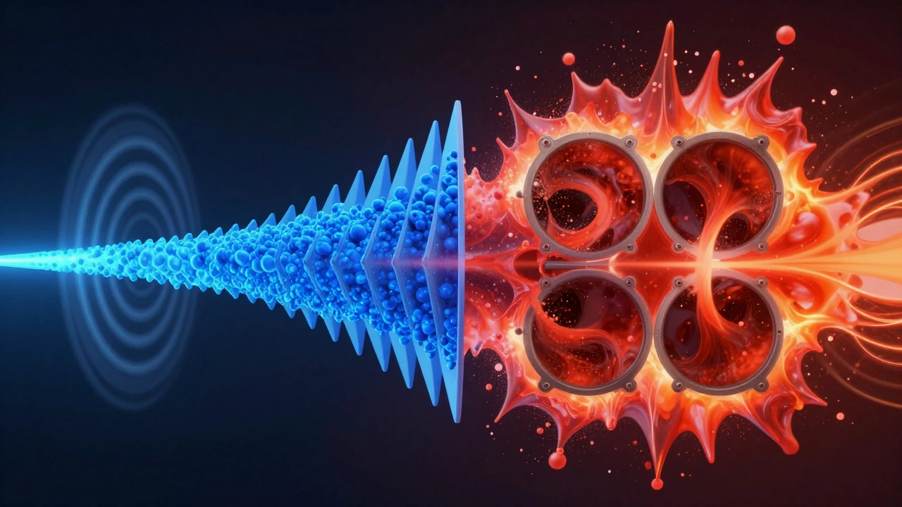 Abstract visualization comparing smooth airflow vs turbulent sound waves