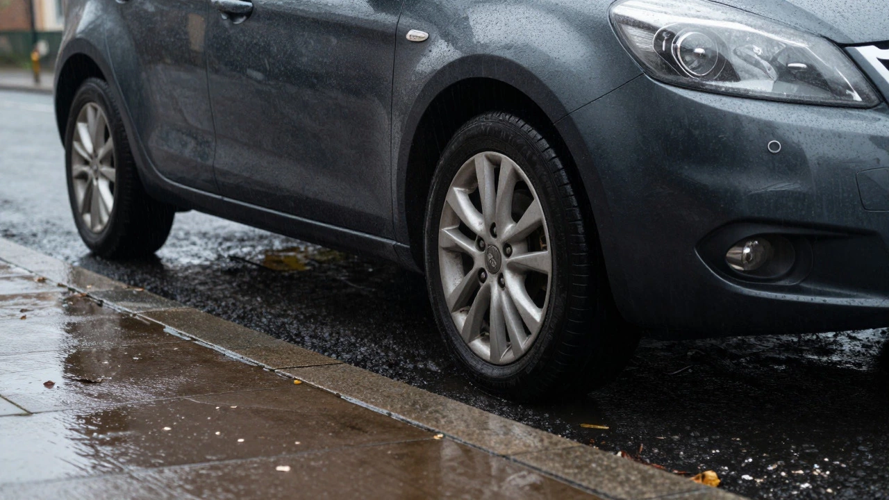 Car wheels splashing in rain on wet street