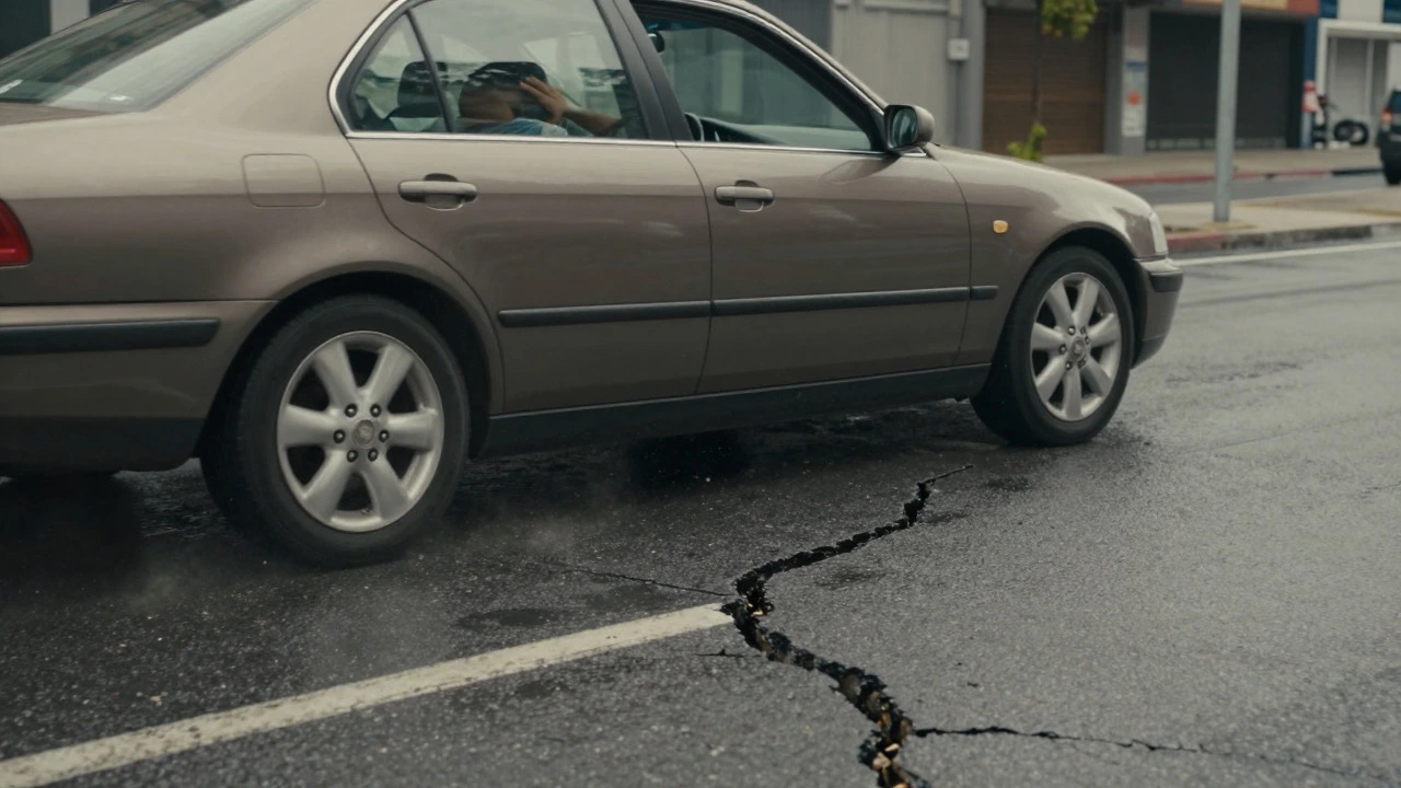 Car with large alloy wheels driving over a rough pothole-filled road