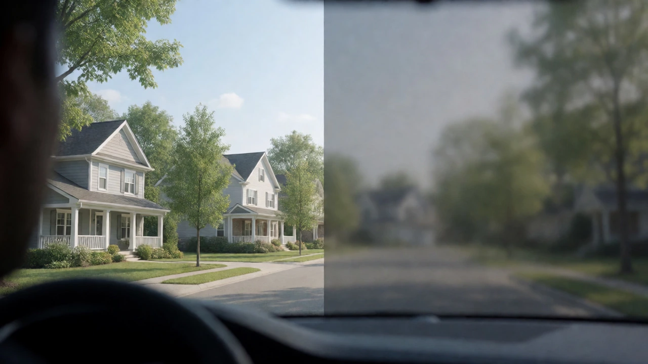 Comparison of clear versus dark tinted car windows showing light transmission