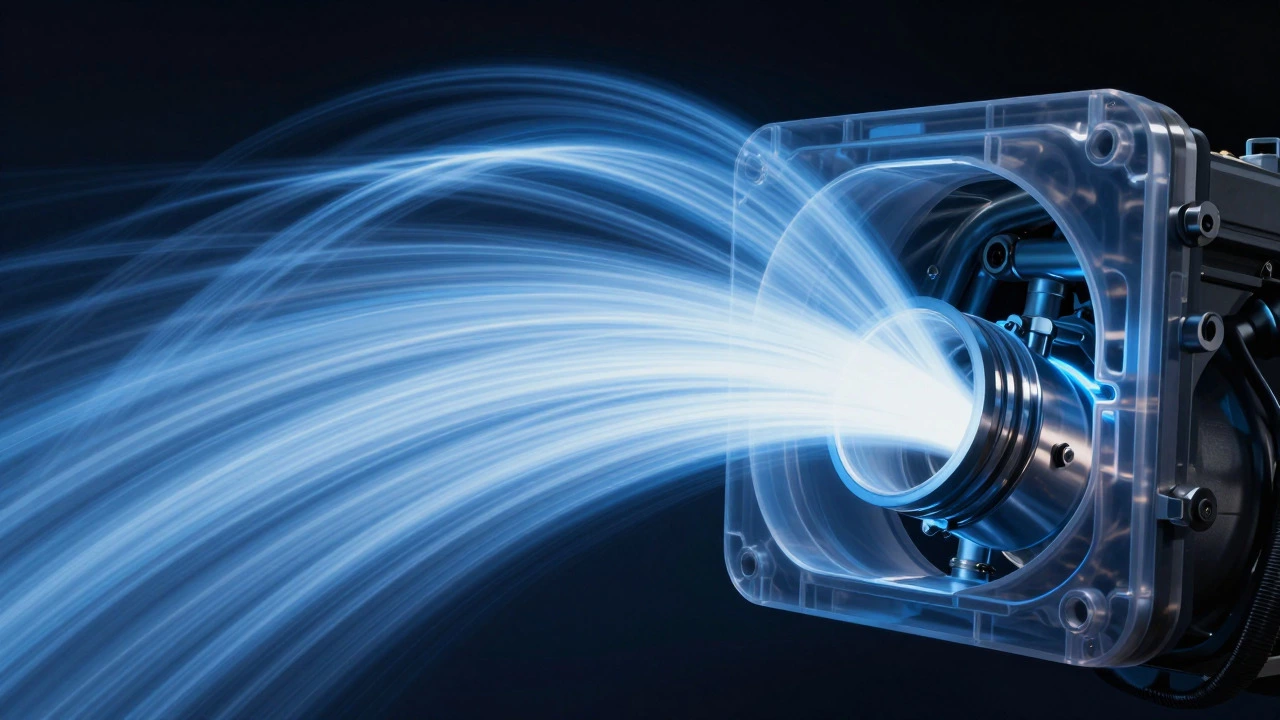 Conceptual long-exposure image showing turbulent blue airflow moving through a car intake system