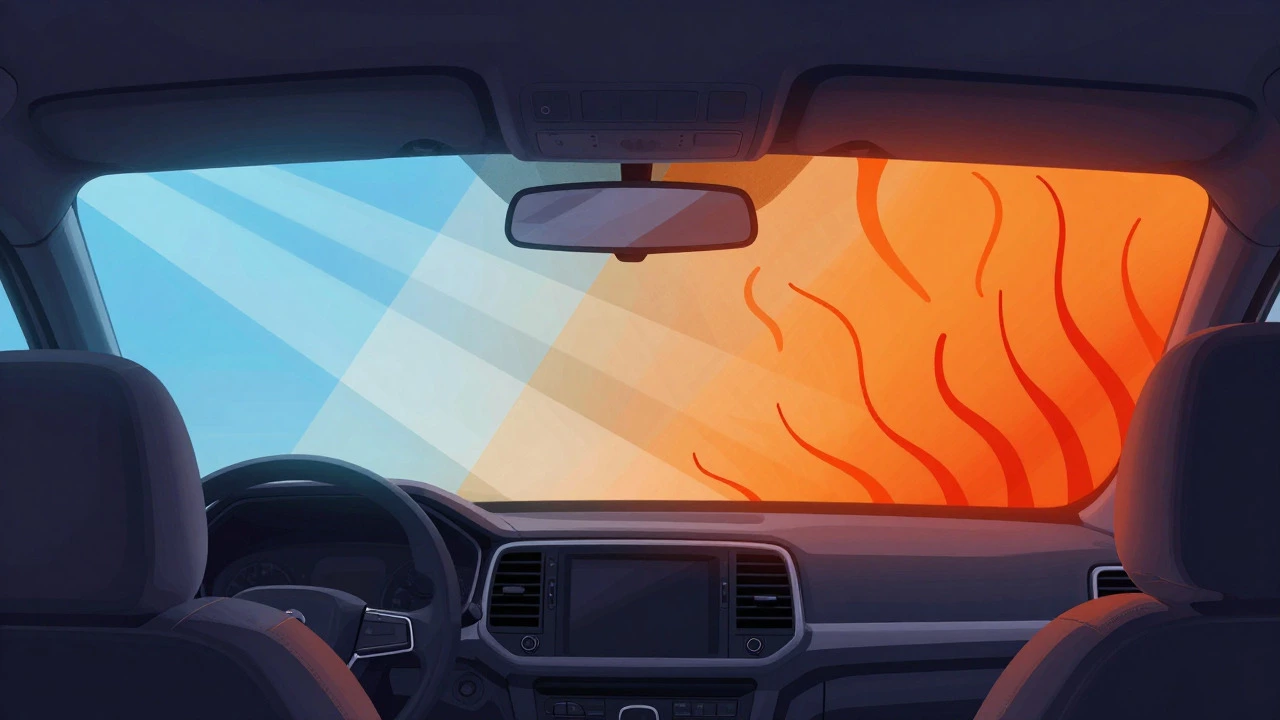 Diagram illustrating the greenhouse effect trapping heat inside a car cabin