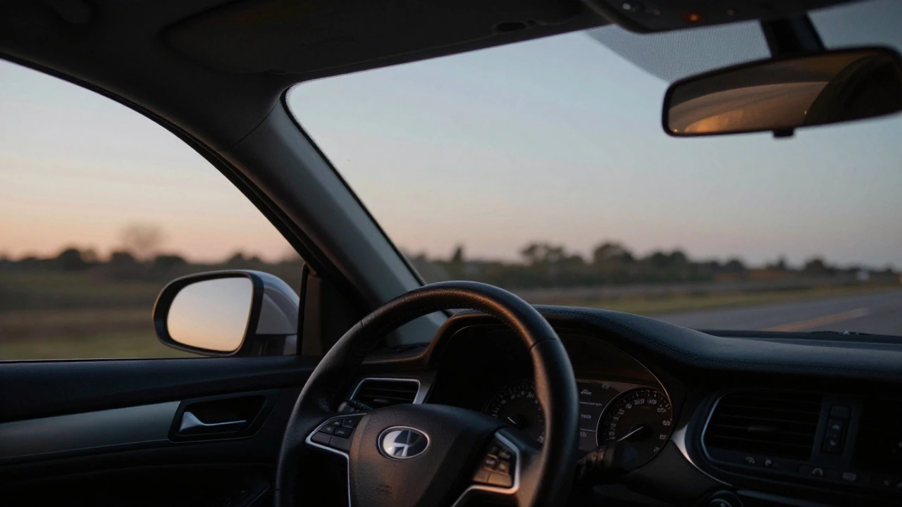 Driver's view from inside a car at dusk, focusing on the steering wheel and road ahead