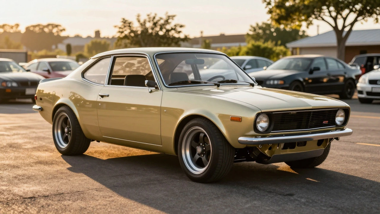 Finished custom swapped car parked outdoors in golden hour light