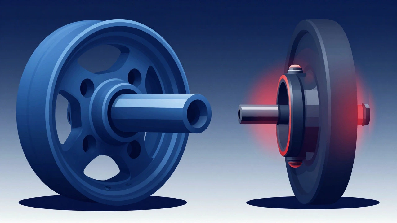 Illustration comparing secure hub-centric wheel alignment versus unstable center-loc fitment