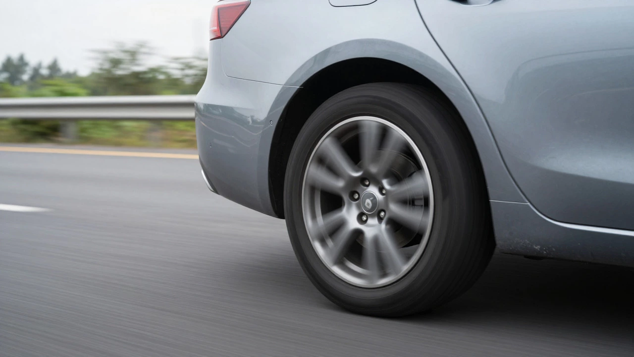 Low-angle shot of a car wheel spinning on a highway, illustrating high-speed driving risks