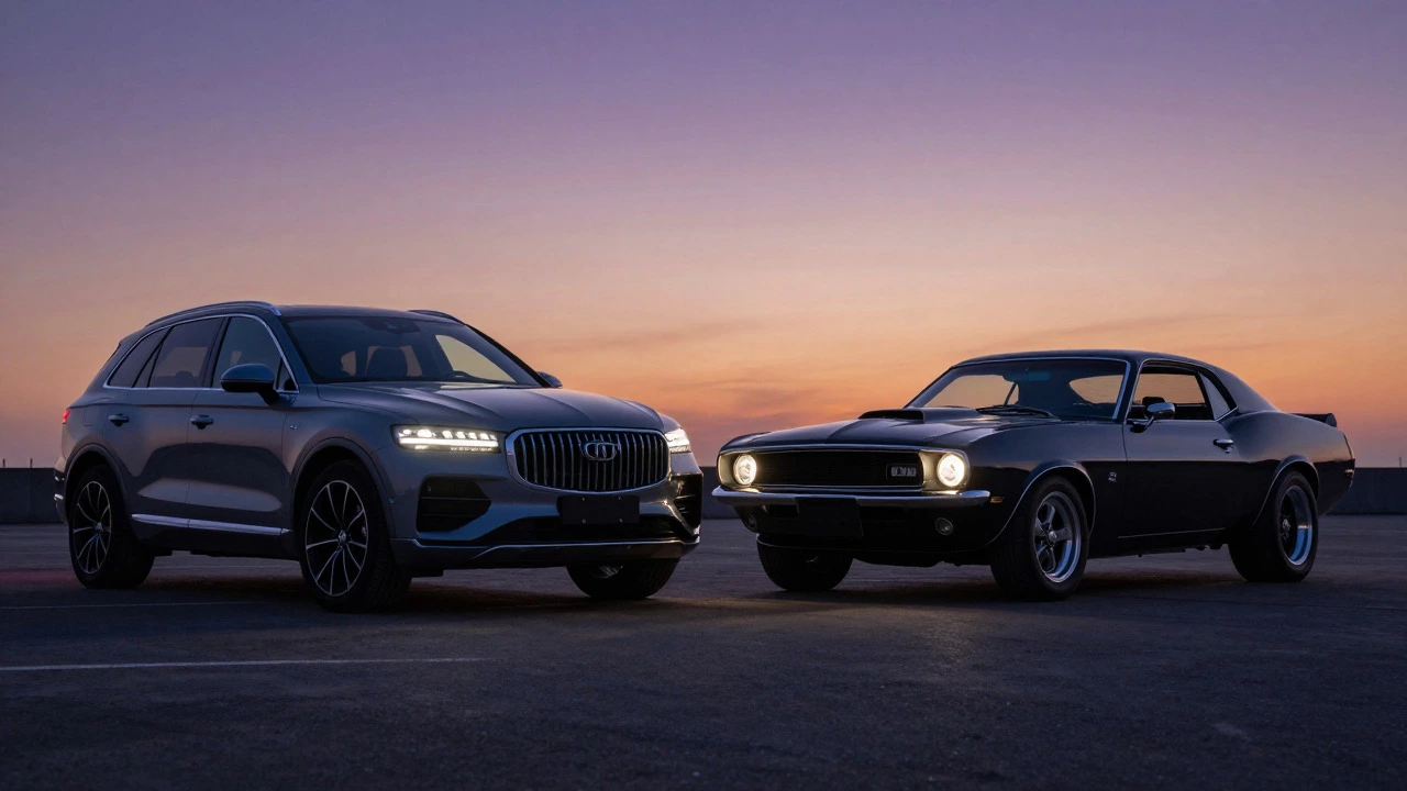 Luxury sedan next to muscle car illustrating refined vs aggressive styles