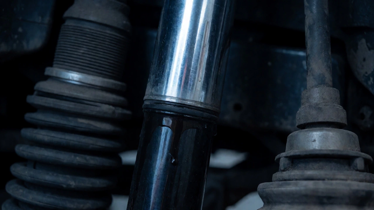 Macro shot of hydraulic fluid leaking from a worn shock absorber piston rod in a garage.