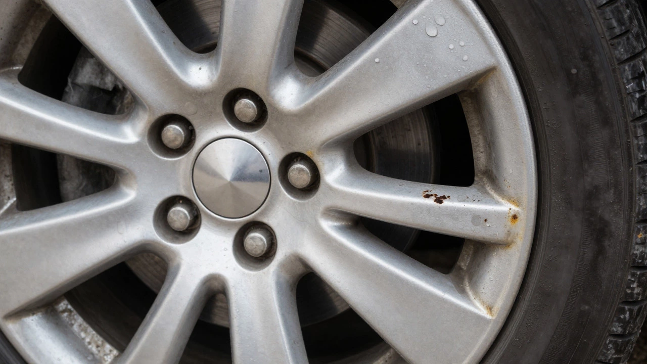 Macro view of corroded alloy wheel surface with pitting and brake dust