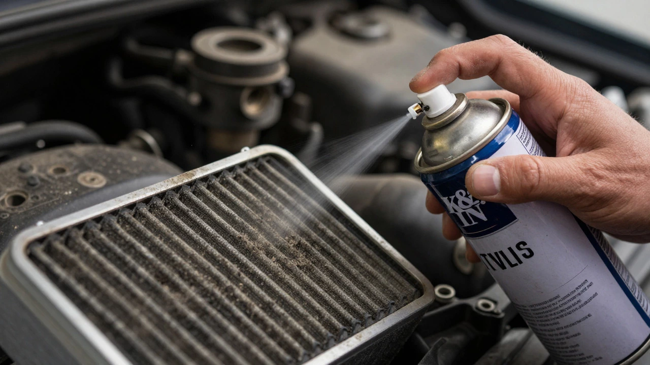 Mechanic carefully spraying oil on dirty K&amp;N air filter