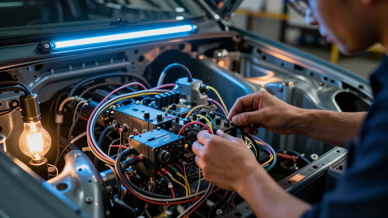 Mechanic installing a complex custom wiring harness in a car frame