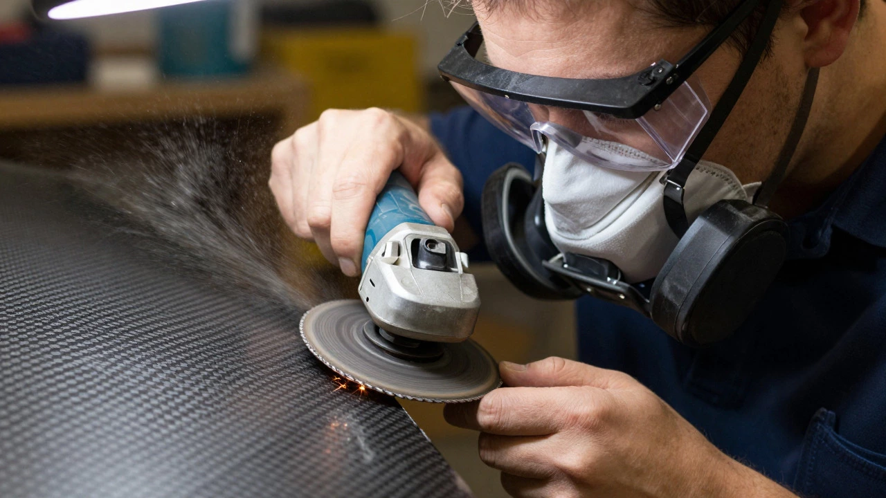 Mechanic wearing respirator cutting carbon fiber with diamond blade