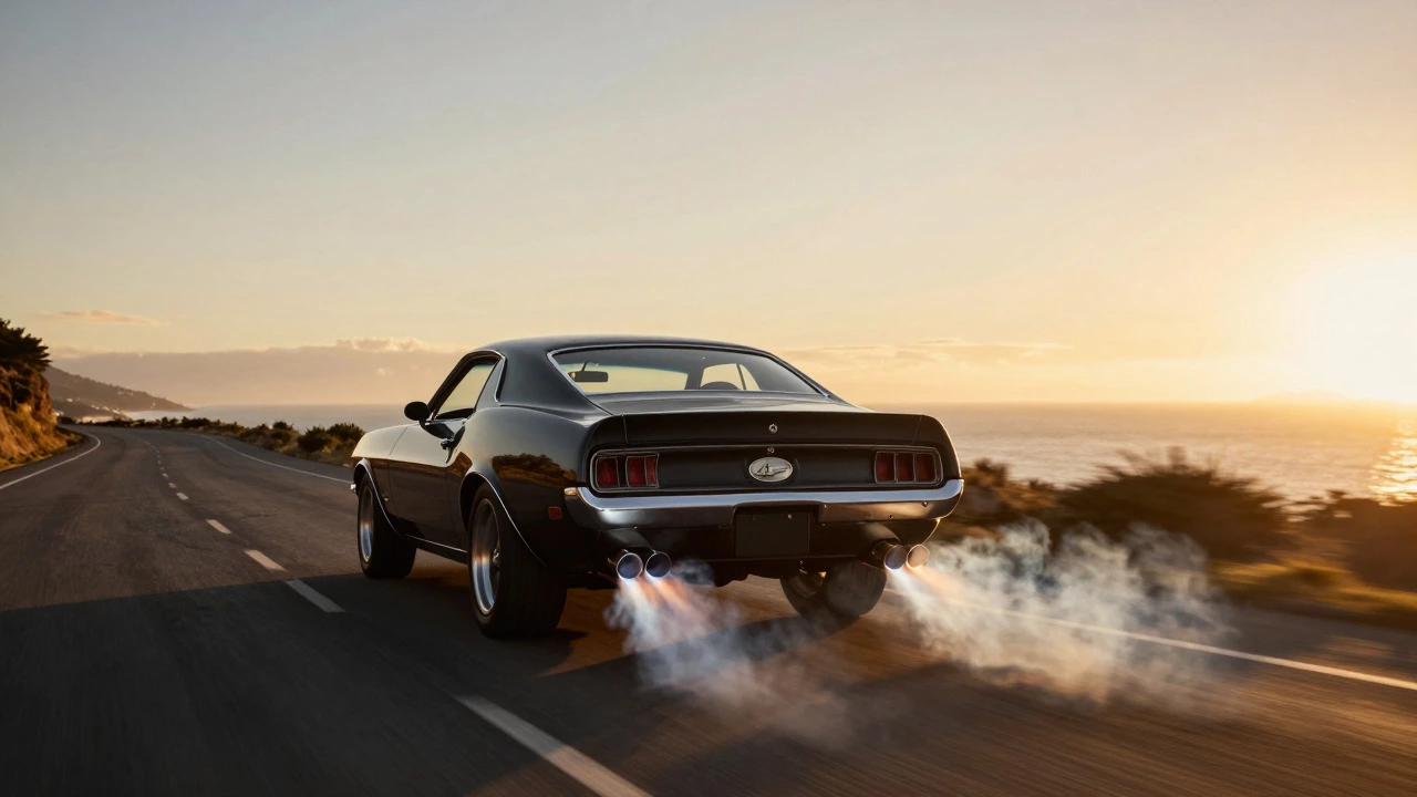 Muscle car driving on coastal road with stylized exhaust smoke trails