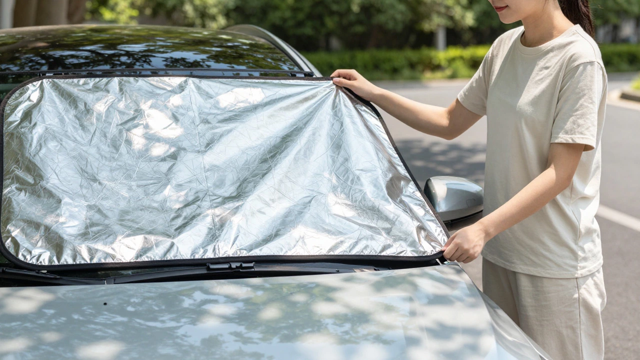 Person using a reflective windshield shade to keep a car cool in the shade