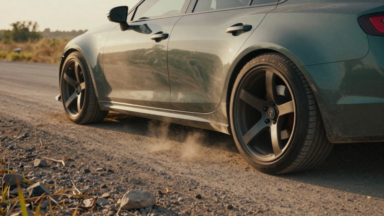 Sedan with wide wheels driving on a dusty rural road, showing tight clearance near the fenders