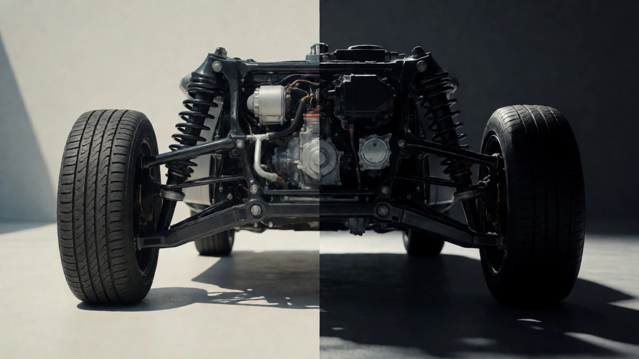 Side-by-side comparison of standard suspension travel versus a bottomed-out lowered setup.