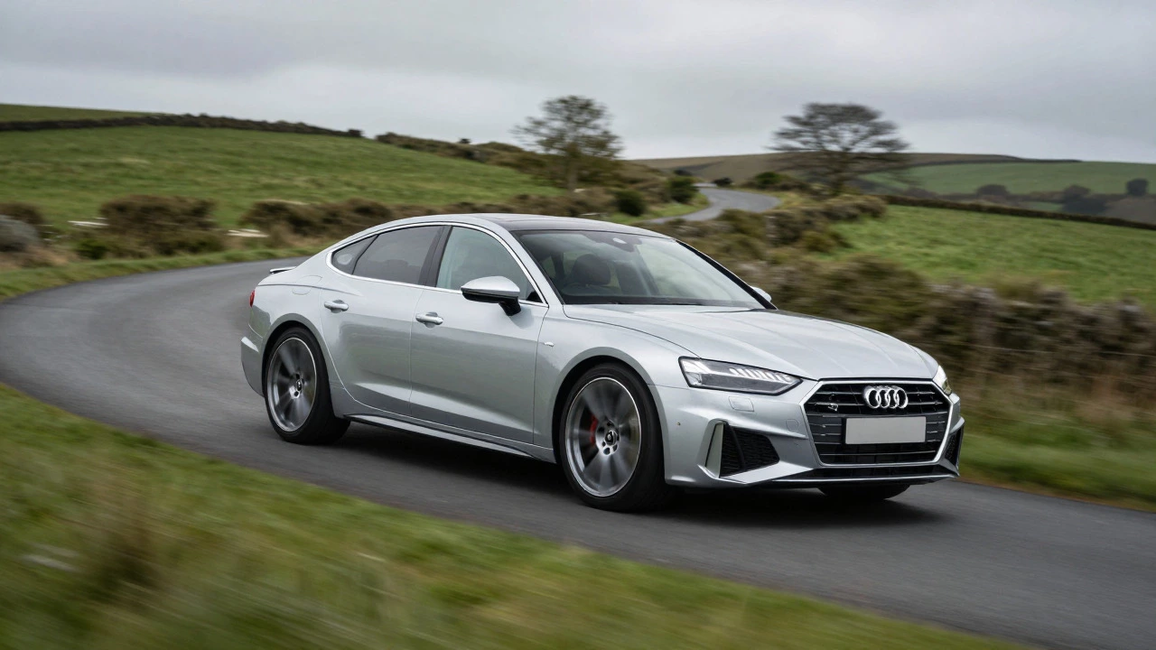 Silver sedan with 20-inch wheels cornering sharply on a winding UK country road