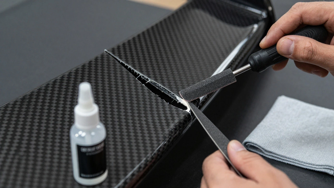 Smoothing and sealing the cut edge of a carbon fiber spoiler