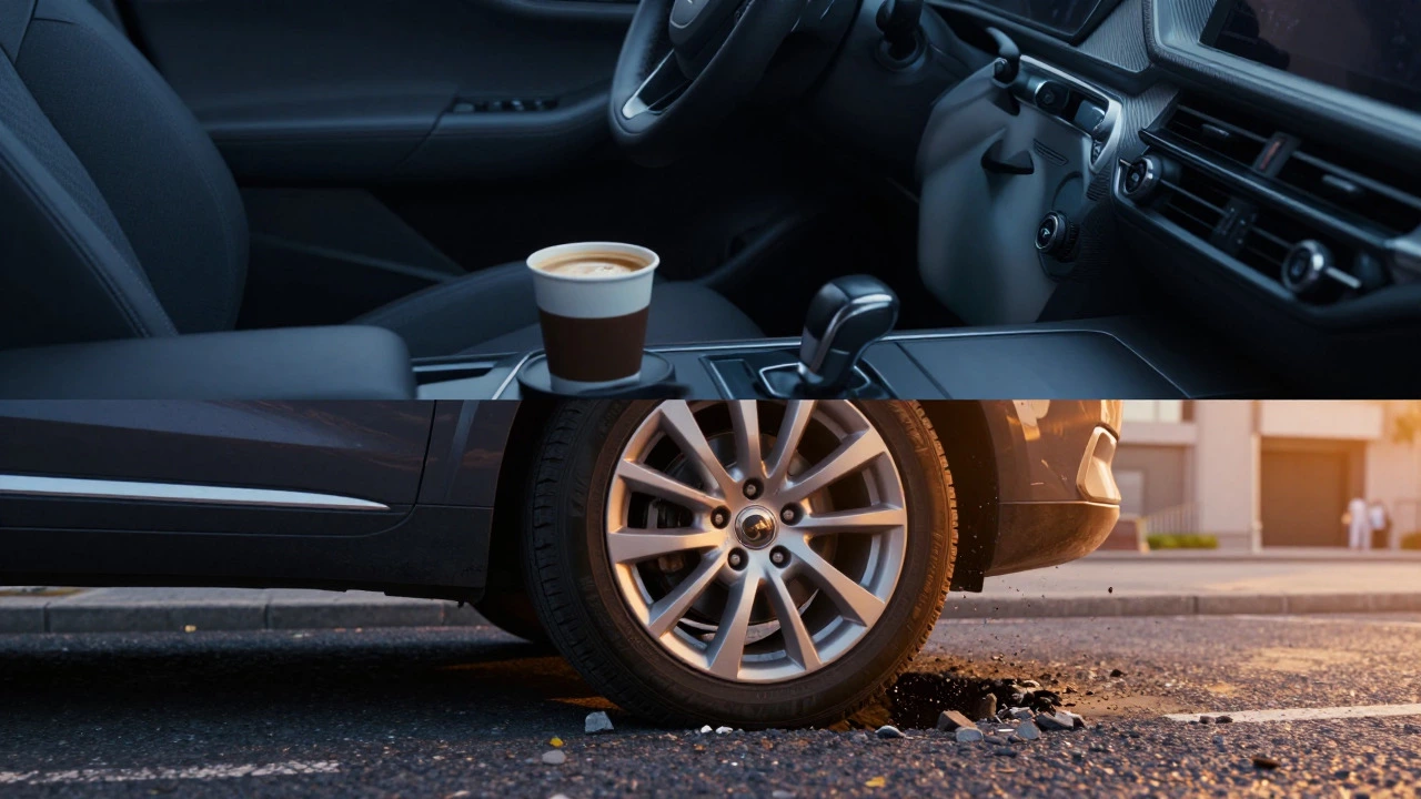 Split image showing stable coffee cup vs wheel hitting pothole to illustrate ride trade-offs