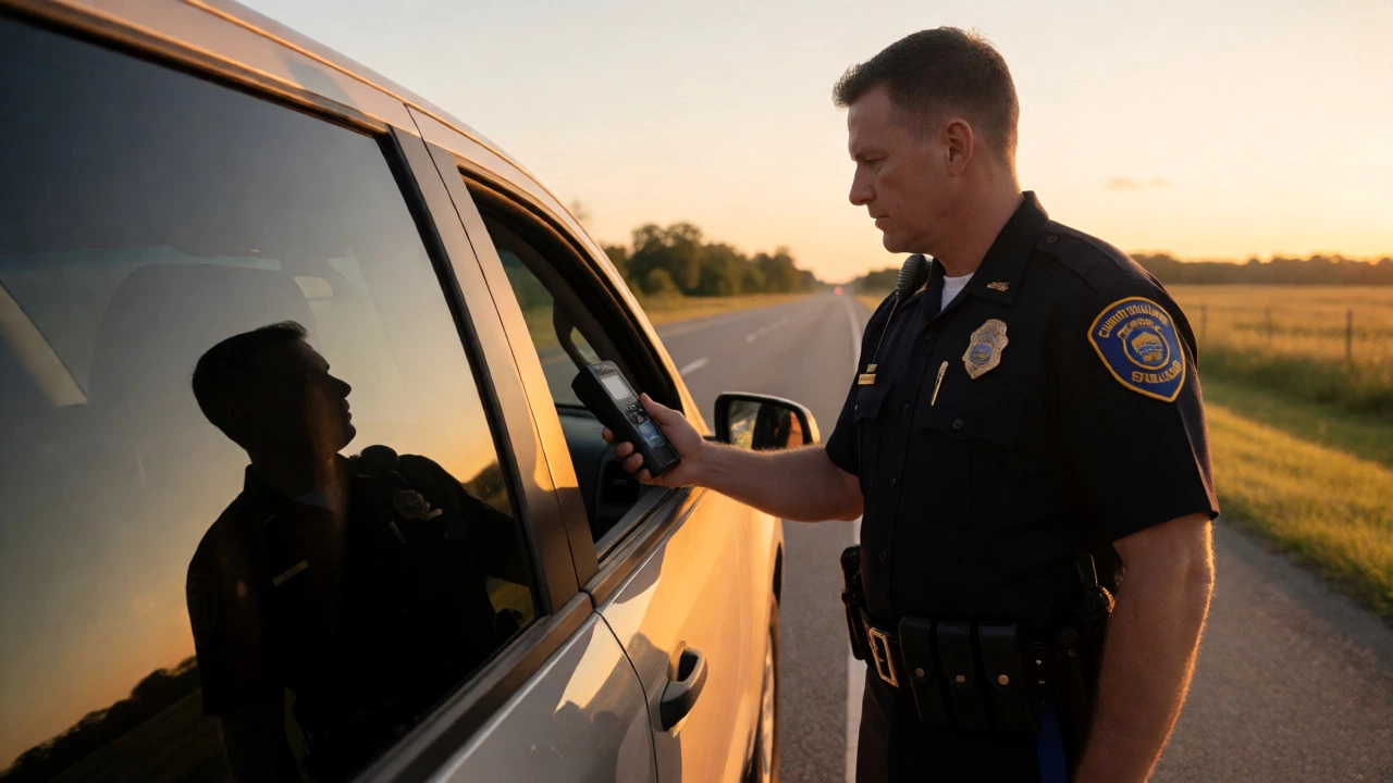 State trooper inspecting a car's tinted rear windows with a meter