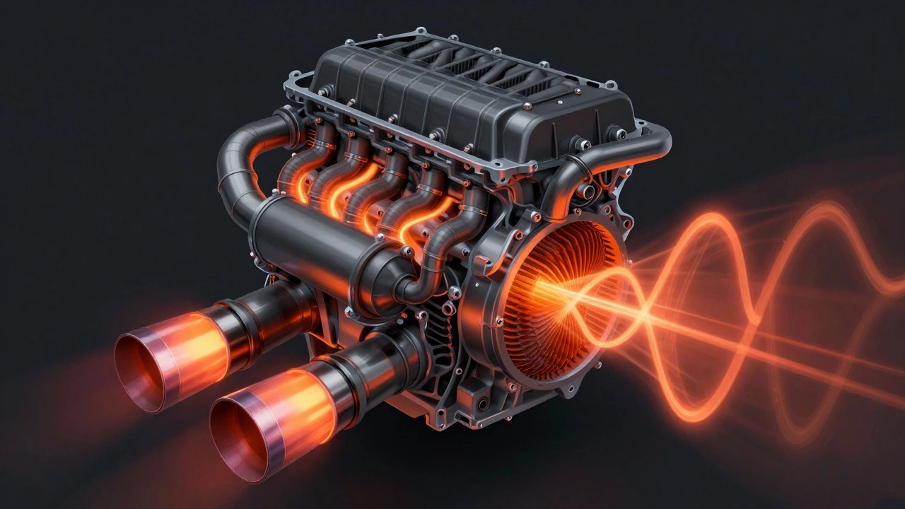 Technical illustration of exhaust pressure waves and muffler internals