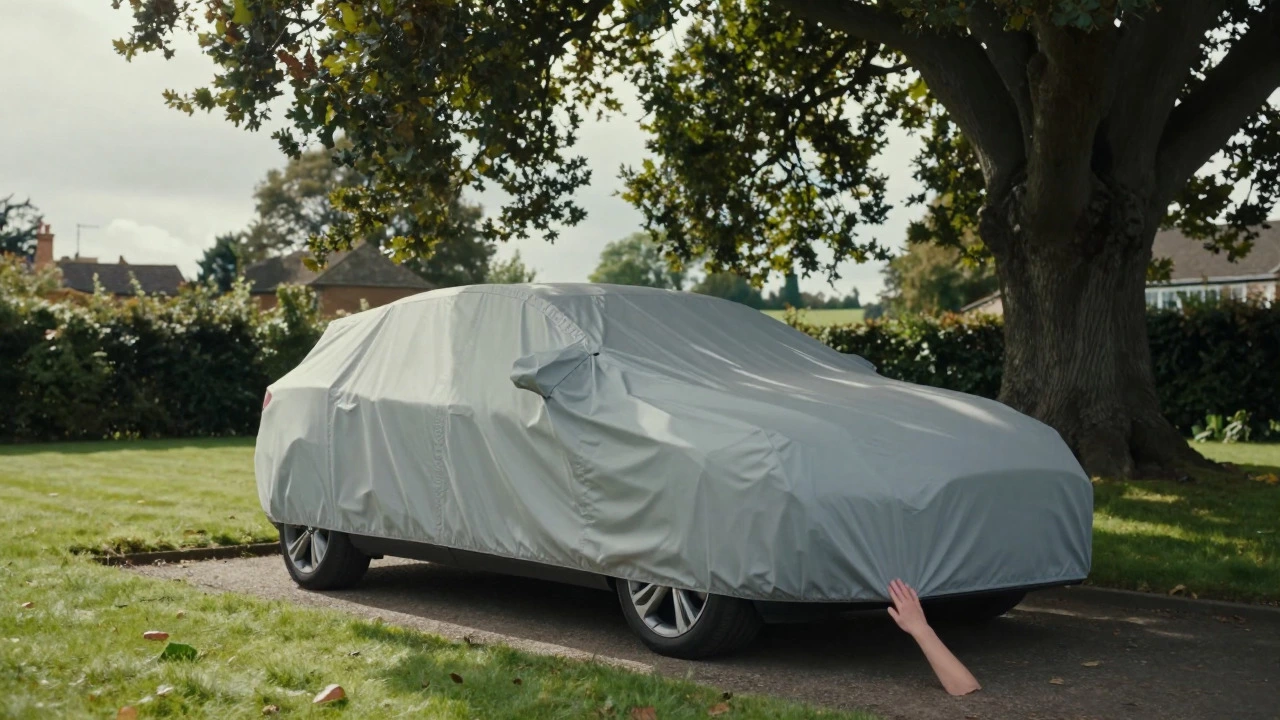 Wrapped car covered with UV-blocking cover in shaded driveway