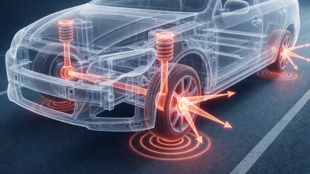 Abstract visualization of suspension stress vectors and vibration waves caused by widened wheel track spacing.