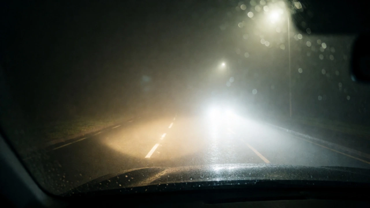 Car driving in fog showing yellow lights penetrating better than white lights