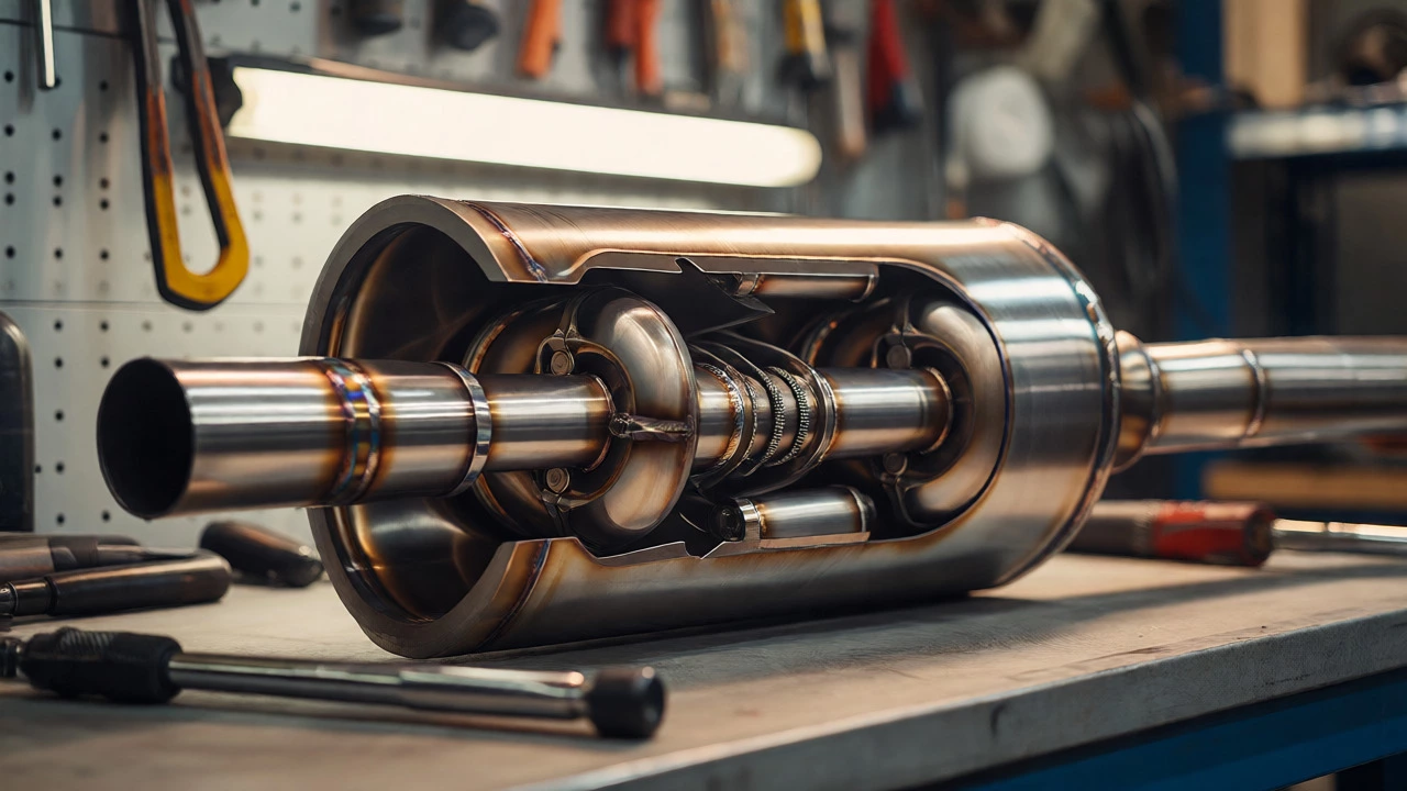 Close-up of a chambered performance muffler with visible internal baffles