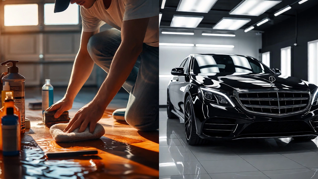 Comparison of DIY car polishing efforts versus a professionally detailed luxury vehicle.