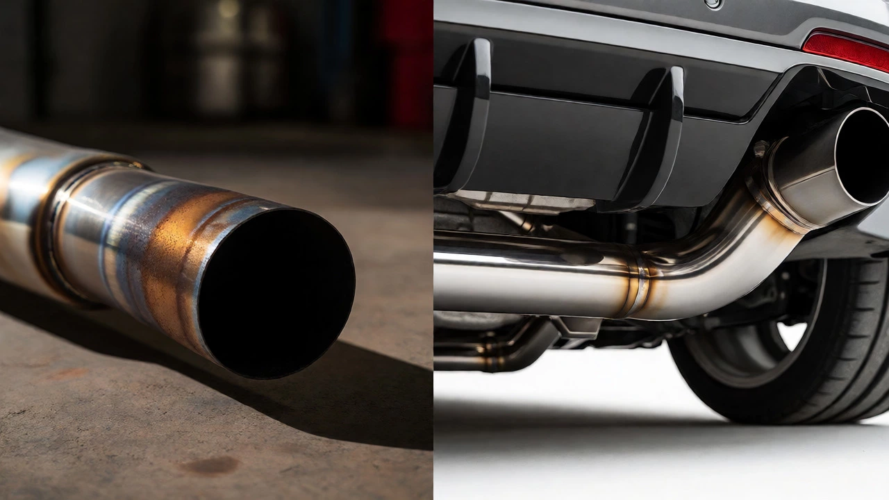 Comparison of rusty mild steel vs polished stainless exhaust systems